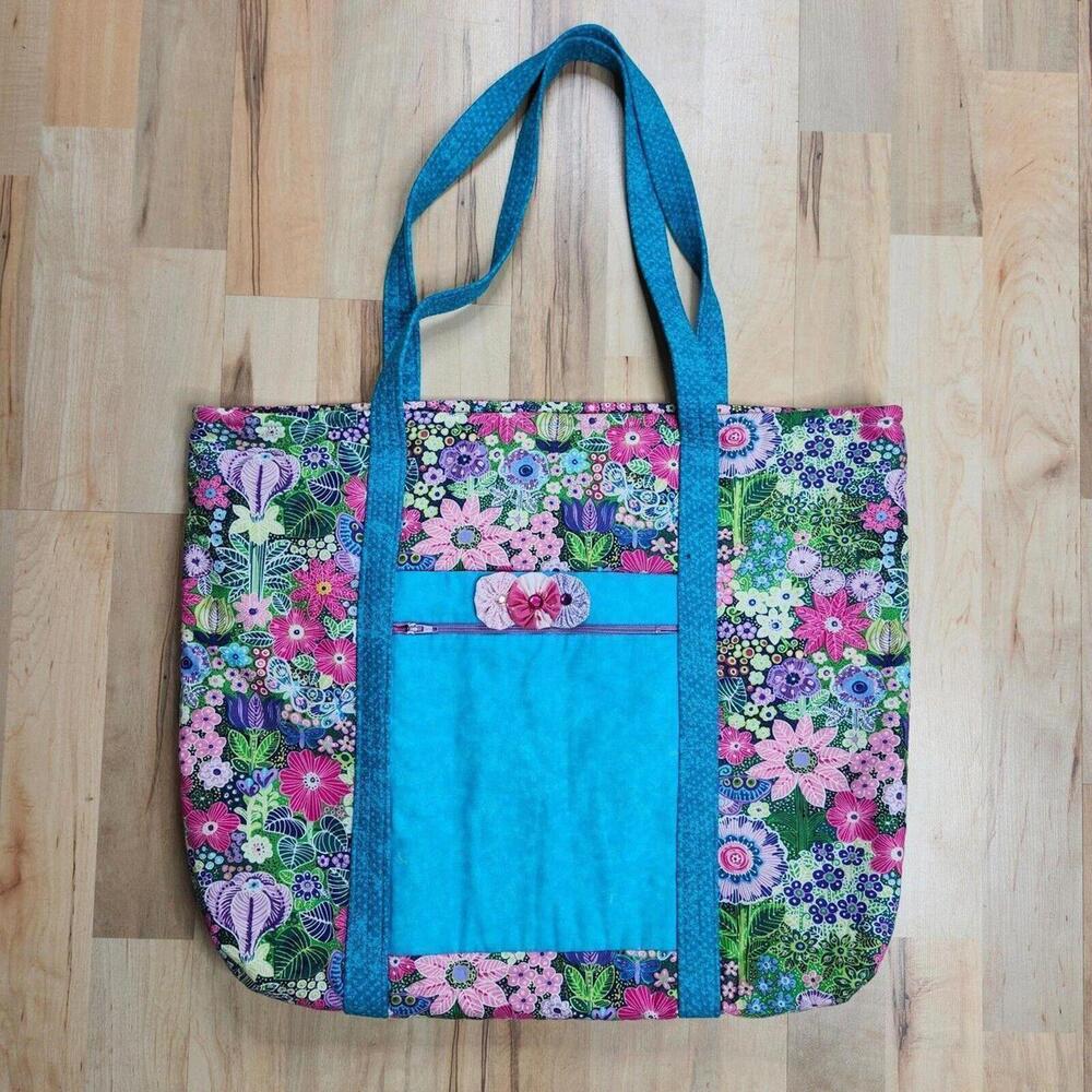 Floral Tote Bag Handmade Colorful Flowers Print Fabric Shoulder Bag Women
